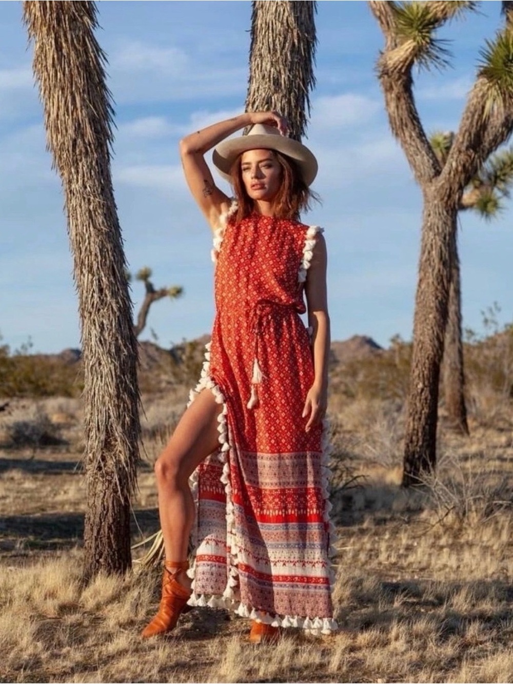 Nightcap Clothing Women’s Red Boho Poppy Tassel Maxi Dress size M.